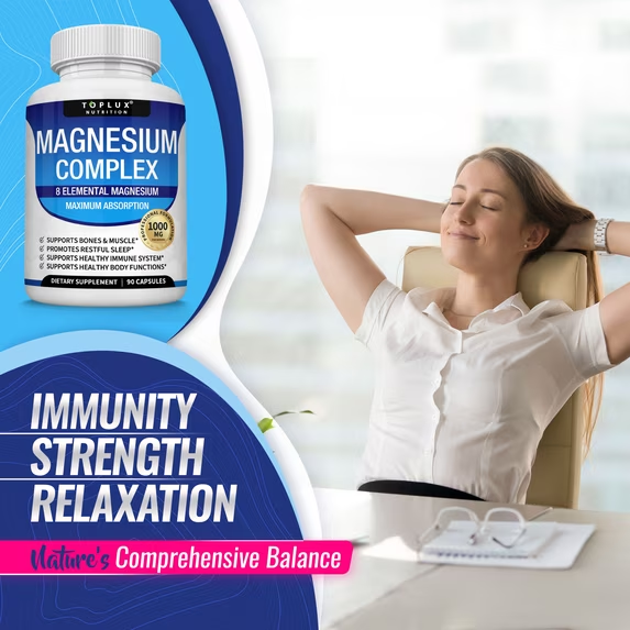 Toplux Magnesium Complex 8 Elemental Magnesium Supplement 1000mg Glycinate, Citrate, Malate, Taurate