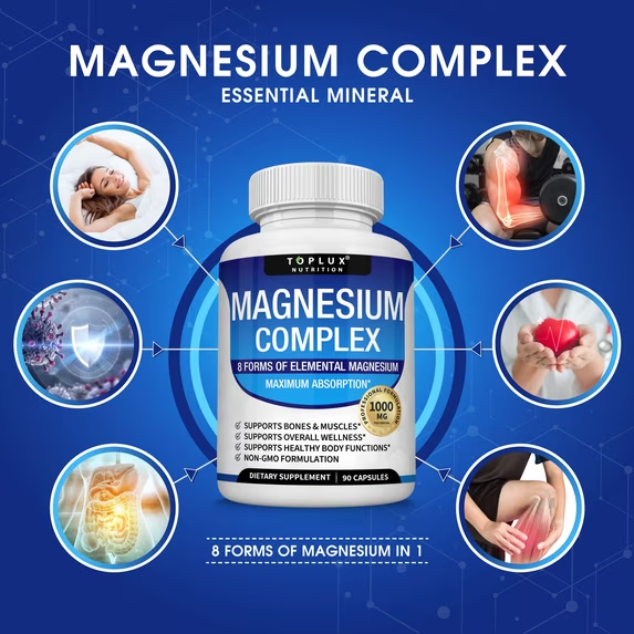 Toplux Magnesium Complex 8 Elemental Magnesium Supplement 1000mg Glycinate, Citrate, Malate, Taurate
